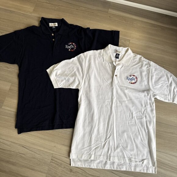 Vintage Walt Disney World EPCOT‎ White & Navy Blue Polo Shirts Men’s Medium Lot - Picture 1 of 12